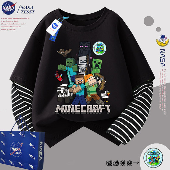 
NASA joint boys' glowing minecraft pure cotton long-sleeved T-shirt children's spring and autumn girls' fake two-piece tops