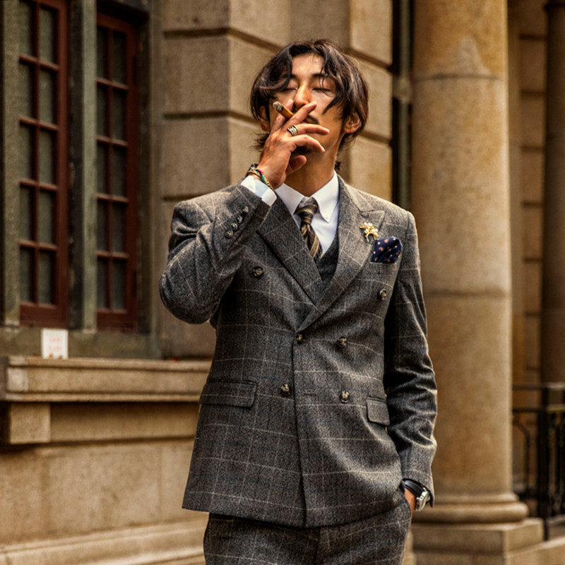 Men's Plaid Double-Breasted Suit Jacket British Style