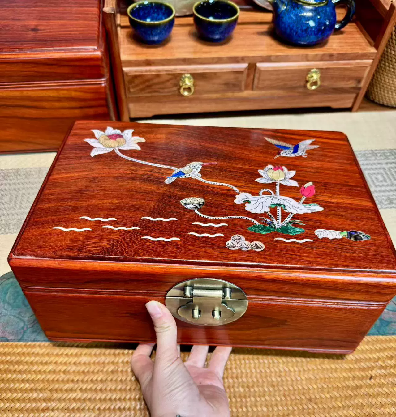 花梨木 手工彫刻 龍鳳紋 首飾盒 收納盒 擺件 重2651g 缅甸花梨木收纳盒实木榫卯首饰盒中式桌面红木珠宝项链手表