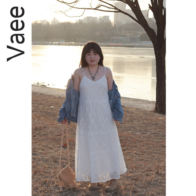 Vaee large size women's lace dress spring new fat mm vacation style lazy V-neck suspender skirt