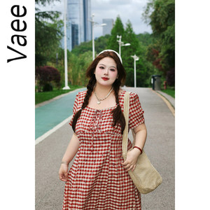 
Vaee plus size women's French retro tea break dress summer new fat mm temperament square neck long skirt plaid dress