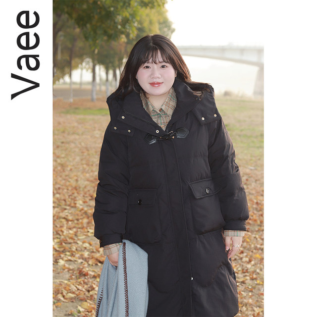 Vaee large size women's mid-length thickened down jacket for winter new fat mm windproof warm standing collar hooded jacket
