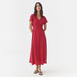 Folding texture texture pattern Laisser fabric front and rear V -neck high waist mid -length pure color short sleeve dress
