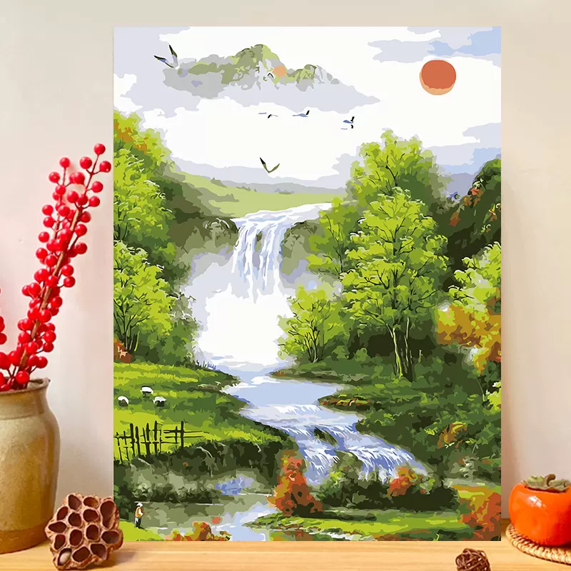 油彩画 填充数字油画diy填色画山水风景装饰中国风手绘丙烯