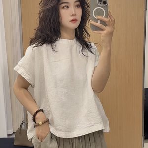 
Q652 new summer hemp bat sleeve pullover hemp loose simple clean version solid color high-end versatile top