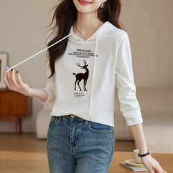 2026 Spring and Autumn New Style Hooded Women's Long Sleeve Printed T-Shirt Slim Fit Versatile White Hoodie Top