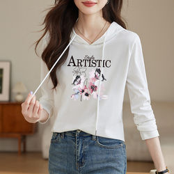 2026 Spring and Autumn New Pure Cotton Hooded Long-Sleeve T-Shirt Casual Versatile Hooded Top Age-Reducing Sports Hoodie for Women
