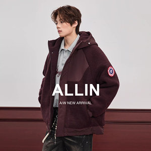 
ALLIN sherpa hooded jacket men's autumn and winter trendy brand workwear thickened grain velvet splicing couple's cotton jacket