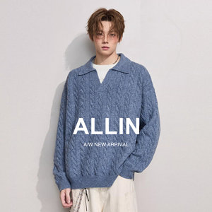 
ALLIN contains wool fake two-piece knitted sweater for men in spring and autumn lazy style solid color pullover couple thickened coat