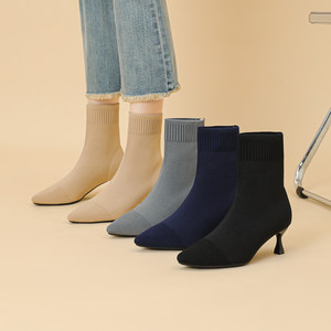 
Princess Shoes Fly Knitted Knitted Shoes Spring, Autumn and Winter Short Boots Four Seasons High Wine Glass Heels Stretch Fabric Boots Women's Shoes