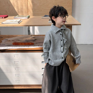 
Maungmaungjia 2025 winter new Korean style boys' polo collar thickened old money knitted sweater children's cardigan top