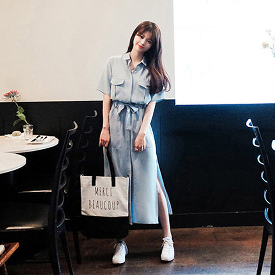 
Summer new style B home-made personalized high-waisted short-sleeved blue dress slit skirt shirt skirt