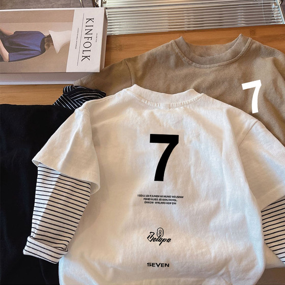 
Children's pure cotton 2026 new style boys and girls early spring and autumn baby bottoming shirts fake two-piece striped long-sleeved T-shirts