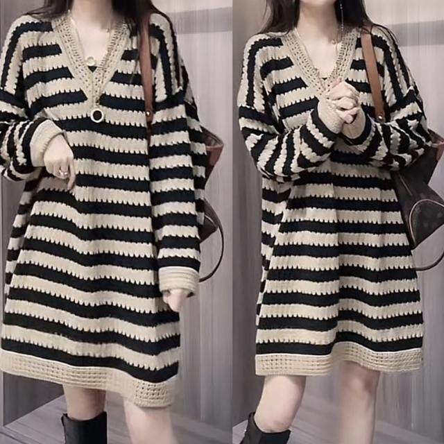 Fat people big size women's stripes medium long knit sweater skirt fat mm loose, thin V -neck sweater dress
