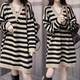 Fat people big size women's stripes medium long knit sweater skirt fat mm loose, thin V -neck sweater dress
