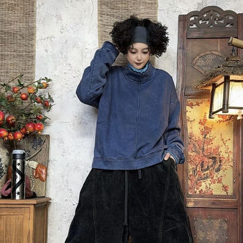 Stir-fried distressed plus velvet turtleneck pile collar top sweatshirt