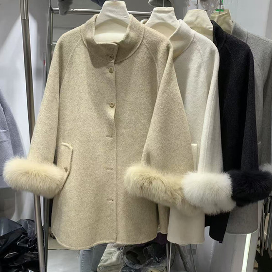 
Stand collar fox fur cuffs wool double-sided wool coat for women 2025 autumn and winter new loose mid-length wool coat