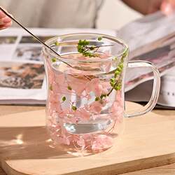 High-Quality Double-Layer Dried Flower Glass Cup with Handle, High Borosilicate, Household High-Temperature Resistant Milk Coffee Cup, Beverage Cup