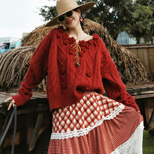 
Mai Xu Original <Rose Garden> Retro Lazy Style Crochet Twist Red Pullover Sweater Women's Spring and Autumn Top