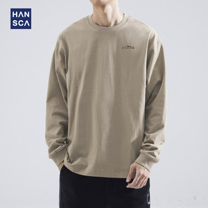 
hansca 260g spring and autumn round neck long-sleeved T-shirt men's American loose printed T-shirt pure cotton inner layering shirt