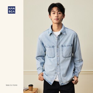 
hansca Tencel Lyocell denim shirt men's 2026 spring American retro washed loose pocket shirt