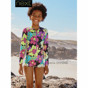 
British Next big girl's pink and yellow flower one-piece swimsuit long-sleeved sun protection swimming trunks set SPF50+W64-316