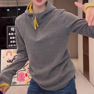 
Double-sided velvet contrasting color half-zip hooded bottoming shirt for women 2025 winter new Korean style warm and heated velvet hoodie trend