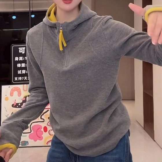 
Double-sided velvet contrasting color half-zip hooded bottoming shirt for women 2025 winter new Korean style warm and heated velvet hoodie trend