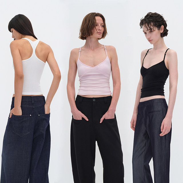 EMPTY PAGE black/white/pink suspender split elastic slim vest versatile base and inner matching