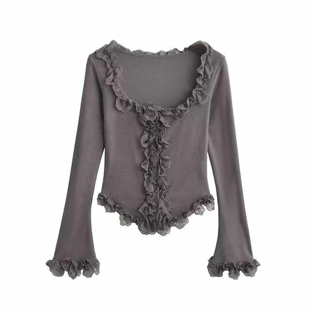 Xiaoru European and American grinding lace long-sleeved top sweet and fresh blue thin velvet slim and versatile base shirt