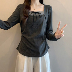 Gray Square-Neck Straight-Shoulder Striped Long-Sleeve T-Shirt for Women, 2025 New Autumn and Winter Plus-Size, Waist-Cinching, Super Pretty Top