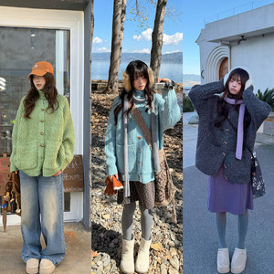 
Huanghuangjia Horn Button Sweater Jacket 2025 Autumn and Winter New Retro College Style Lazy Design Knitted Cardigan for Women