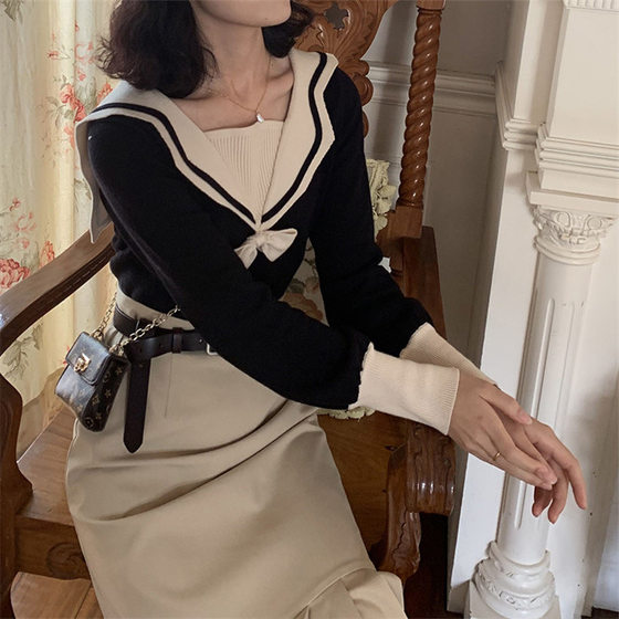 
Navy collar college style sweater knitted bottoming shirt for women 2026 spring slimming and age-reducing short lapel pullover top