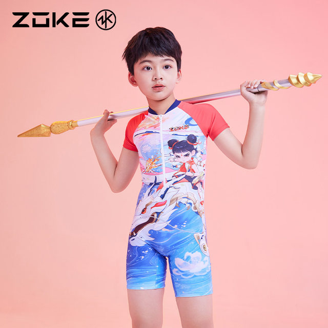 Zhouke children's swimsuit one-piece flat corner short-sleeved sun protection zoke Nezha swimming training boy quick-dry girl swimsuit