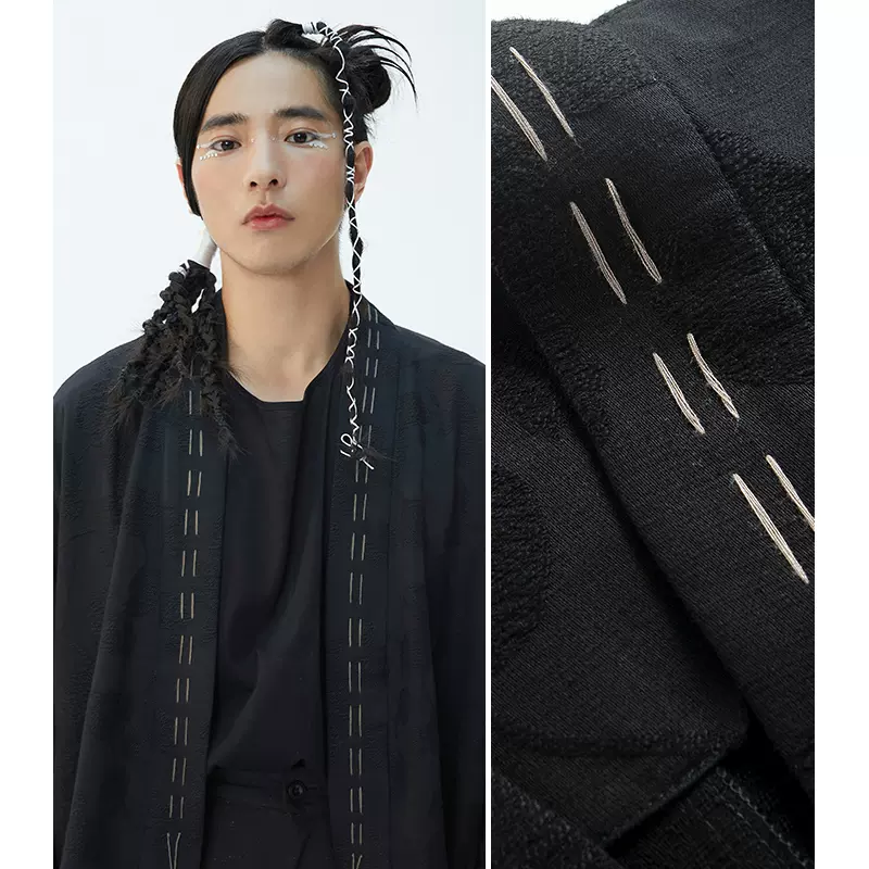本相织物昭和暗纹改良手缝和服外套男女宽松设计感小众牛角扣开衫-Taobao