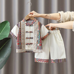 Boys and Girls Short-Sleeved Hanfu Children's Summer Ethnic Style Outfit for Elementary School Students, Ethnic March 3Rd Performance Costume for Summer