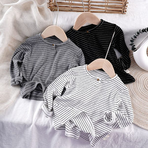 
Spring new style small and medium-sized children's pit striped modal cotton long-sleeved T-shirt for boys and girls casual striped elastic base t-shirt for boys and girls