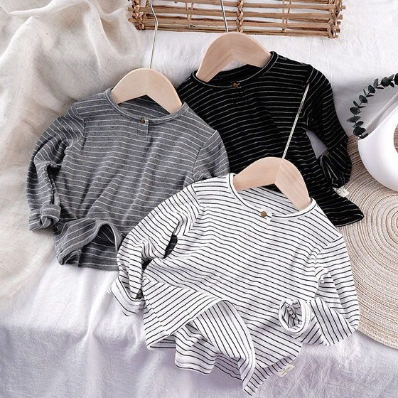 
Spring new style small and medium-sized children's pit striped modal cotton long-sleeved T-shirt for boys and girls casual striped elastic base t-shirt for boys and girls