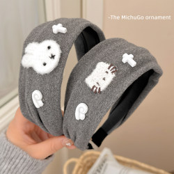 Cartoon Bunny Cat Gray Wide-Brimmed Headband for Women, Sweet and Cute Hairband, New Winter Hairpin Headwear