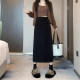 Black A-line skirt for women in autumn and winter plus size fat mm giant slim skirt small slit high waist straight long skirt