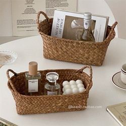 ins Straw Woven Portable Storage Basket Desktop Snack Miscellaneous Items Organizer Storage Box Woven Storage Basket