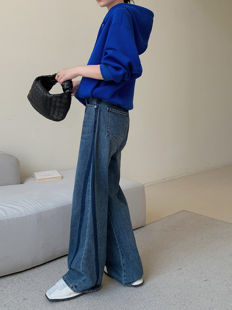 JWUNIQUE retro dark blue jeans for women in spring 2025 new high waist straight slimming wide-leg trousers