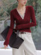 JWUNIQUE red V-neck long-sleeved knitted T-shirt for women 2025 spring new fake two-piece slim top