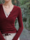 JWUNIQUE red V-neck long-sleeved knitted T-shirt for women 2025 spring new fake two-piece slim top
