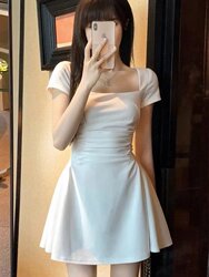Plus Size French Style Pure White Dress for Women, Spring and Autumn 2026 New Model, Slimming, Bodycon, Waist-Cinching, Short White Dress