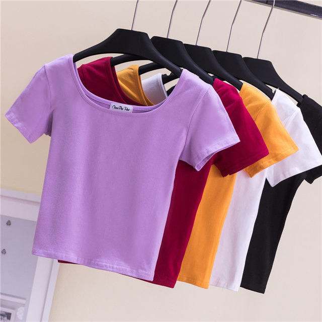 Navel t-shirt female tight-fitting leaking navel pure cotton bottoming ...