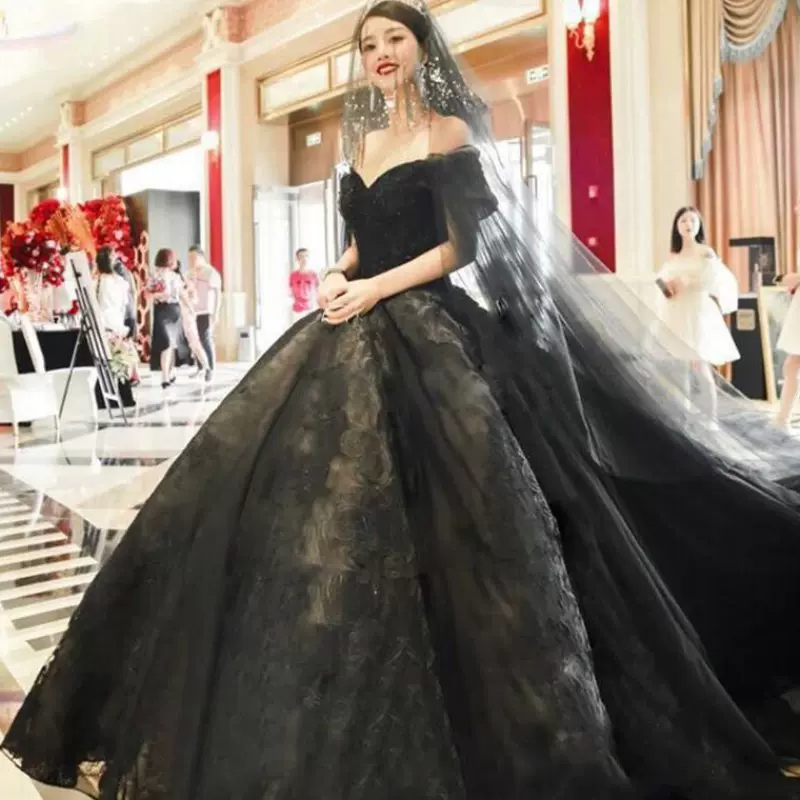 黑色婚紗禮服2022新款女新娘拖尾奢華一字肩星空公主夢幻宮廷主紗-Taobao
