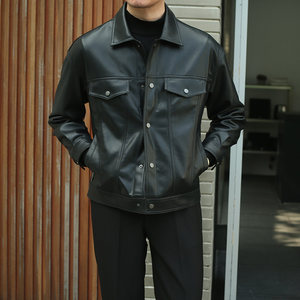Leisure classic lapel black leather jacket Men's fashion British gentle clothes all -line motorcycle jacket top
