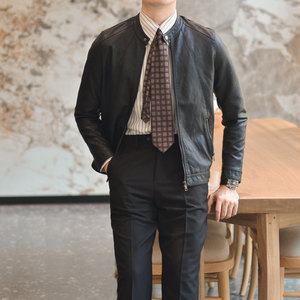 Spring and Autumn Slim Korean Style Stand Collar Locomotive Leather Jacket Men's Casual Handsome Retro Soft Leather Jacket Trendy American Jacket
