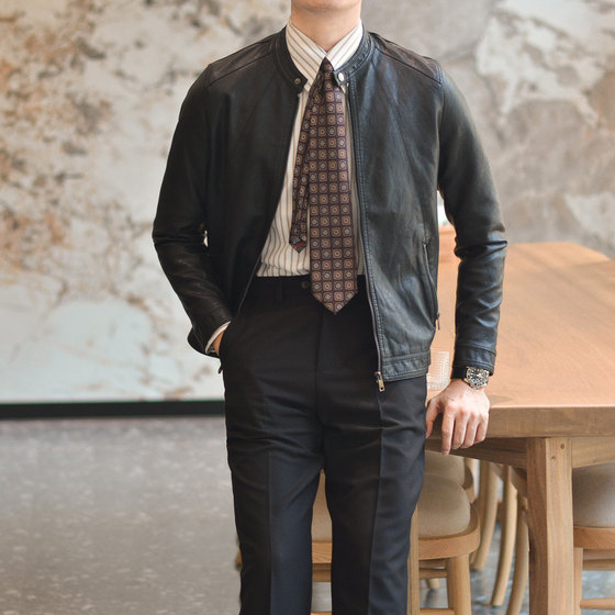 Spring and Autumn Slim Korean Style Stand Collar Locomotive Leather Jacket Men's Casual Handsome Retro Soft Leather Jacket Trendy American Jacket
